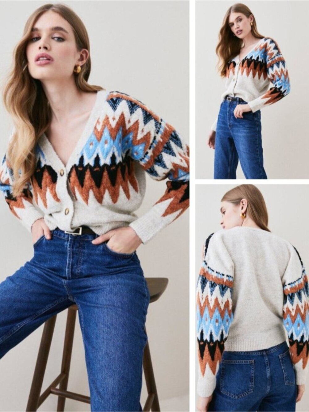 KAREN MILLEN Boucle Fairisle Knit V Neck Cardigan Size XS